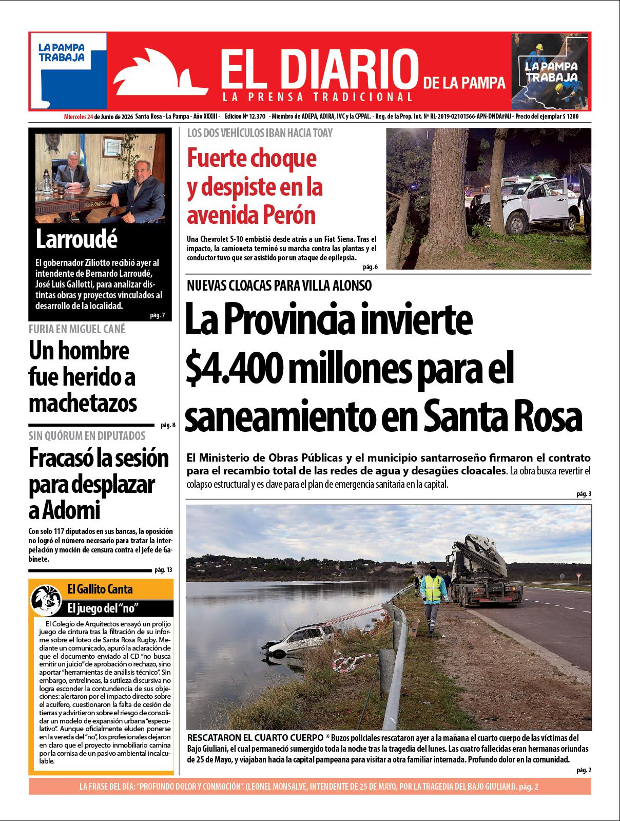 Tapa de El Diario en papel  mieacutercoles 24 de junio de 2026